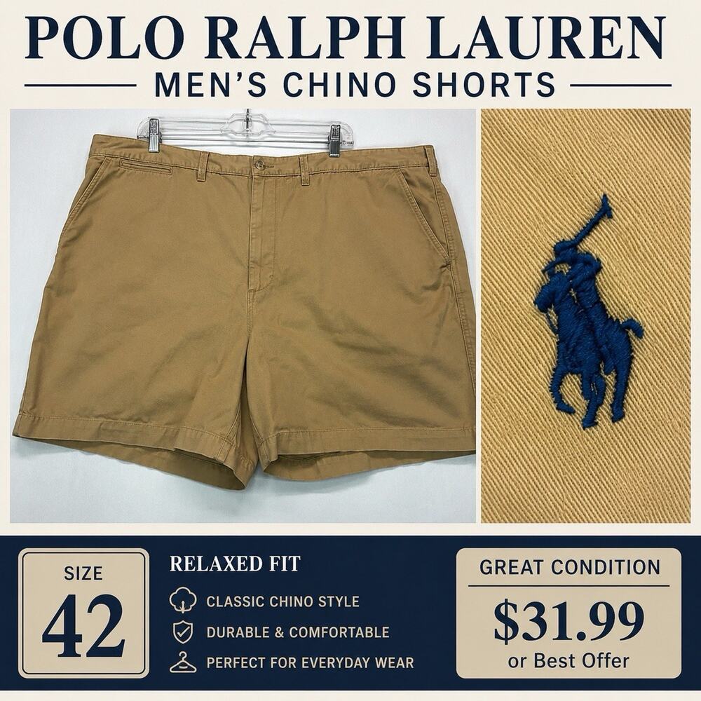 Polo Ralph Lauren Men’s Khaki Chino Shorts Relaxed Fit Size 42 Beige